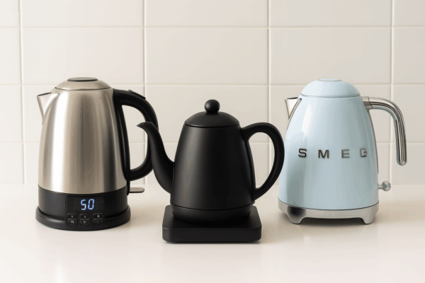 trois bouilloires, une design bleue SMEG, une à induction noire et une réglable en inox