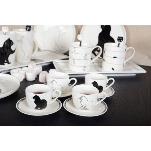 Lot de 4 tasses à café avec soucoupes – Design chat noir et blanc – Aulica