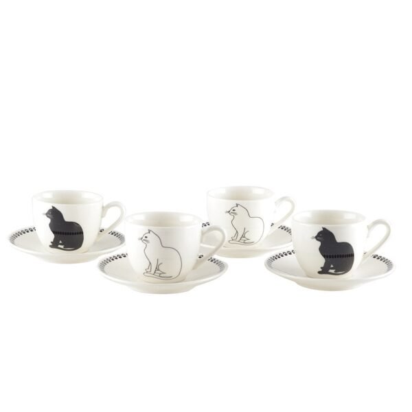 Lot de 4 tasses à café avec soucoupes – Design chat noir et blanc – Aulica