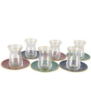 Lot de 6 tasses à thé en verre doré avec soucoupes colorées – Aulica