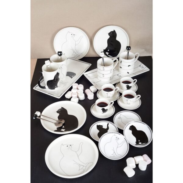 Lot de 4 tasses à café avec soucoupes – Design chat noir et blanc – Aulica