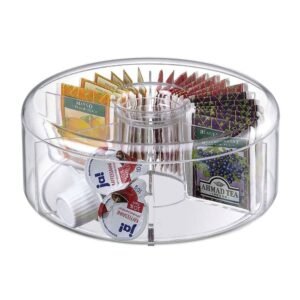 Boîte à sachets de thé ronde en acrylique Aulica – Élégance et fraîcheur à portée de main