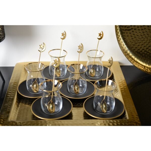 Lot de 6 tasses à thé en verre transparent bord doré avec soucoupe noire – AULICA