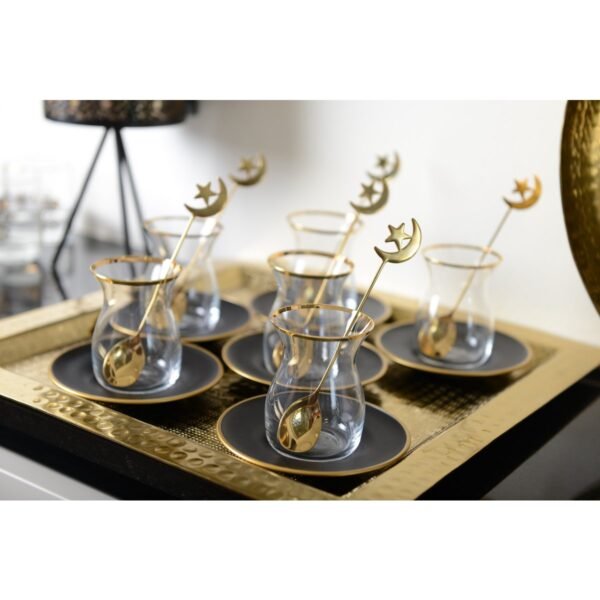 Lot de 6 tasses à thé en verre transparent bord doré avec soucoupe noire – AULICA