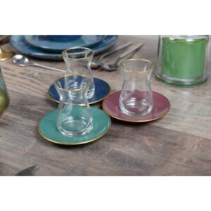 Lot de 6 tasses à thé en verre doré avec soucoupes colorées – Aulica