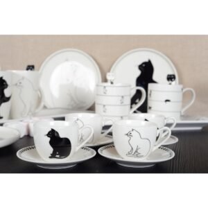 Lot de 4 tasses à café avec soucoupes – Design chat noir et blanc – Aulica