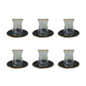 Lot de 6 tasses à thé en verre transparent bord doré avec soucoupe noire – AULICA