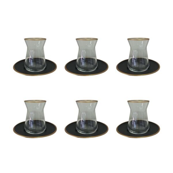 Lot de 6 tasses à thé en verre transparent bord doré avec soucoupe noire – AULICA